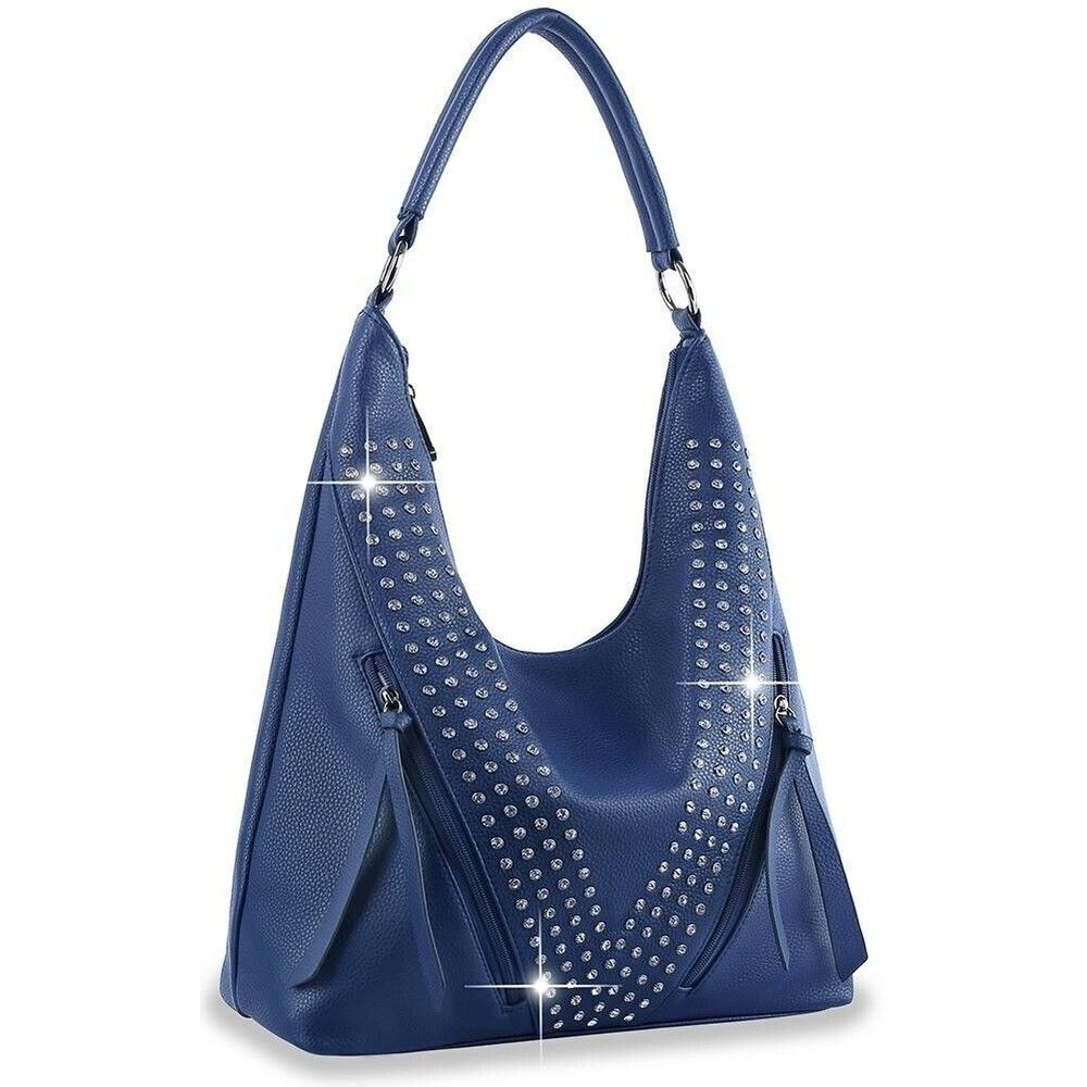 Blue Rhinestone Accented Bucket Style Hobo Handbag Shoulder Bag Tote